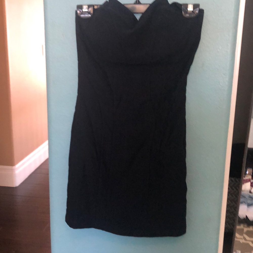 strapless navy mini dress with detail